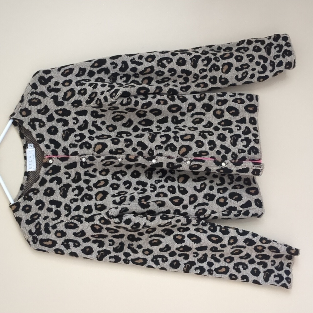 Relais Knitware Animal Print Cardigan Jewel Button Front Pink Contrast Y2K